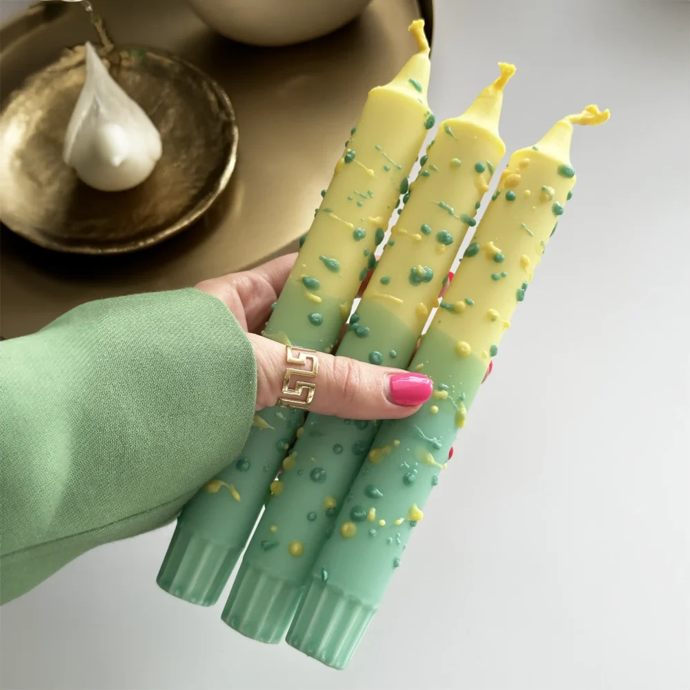 Sárga & Menta Színű Díszített Oszlop Gyertya